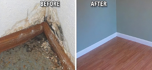 Before and after picture of bathroom drywall repairs.